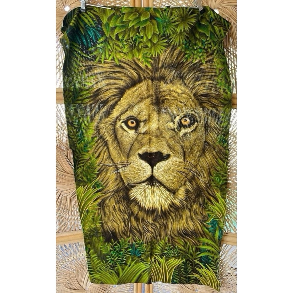 Vintage 70s Lion King of Beasts Print Fabric Panel Wesco-Reltex Safari Animal